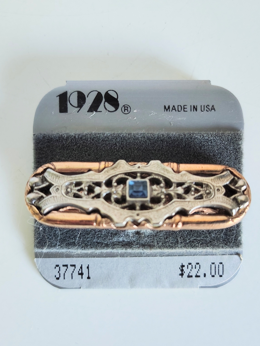 1928 Vintage Style Rose Gold Tone And Blue Stone Bar Brooch